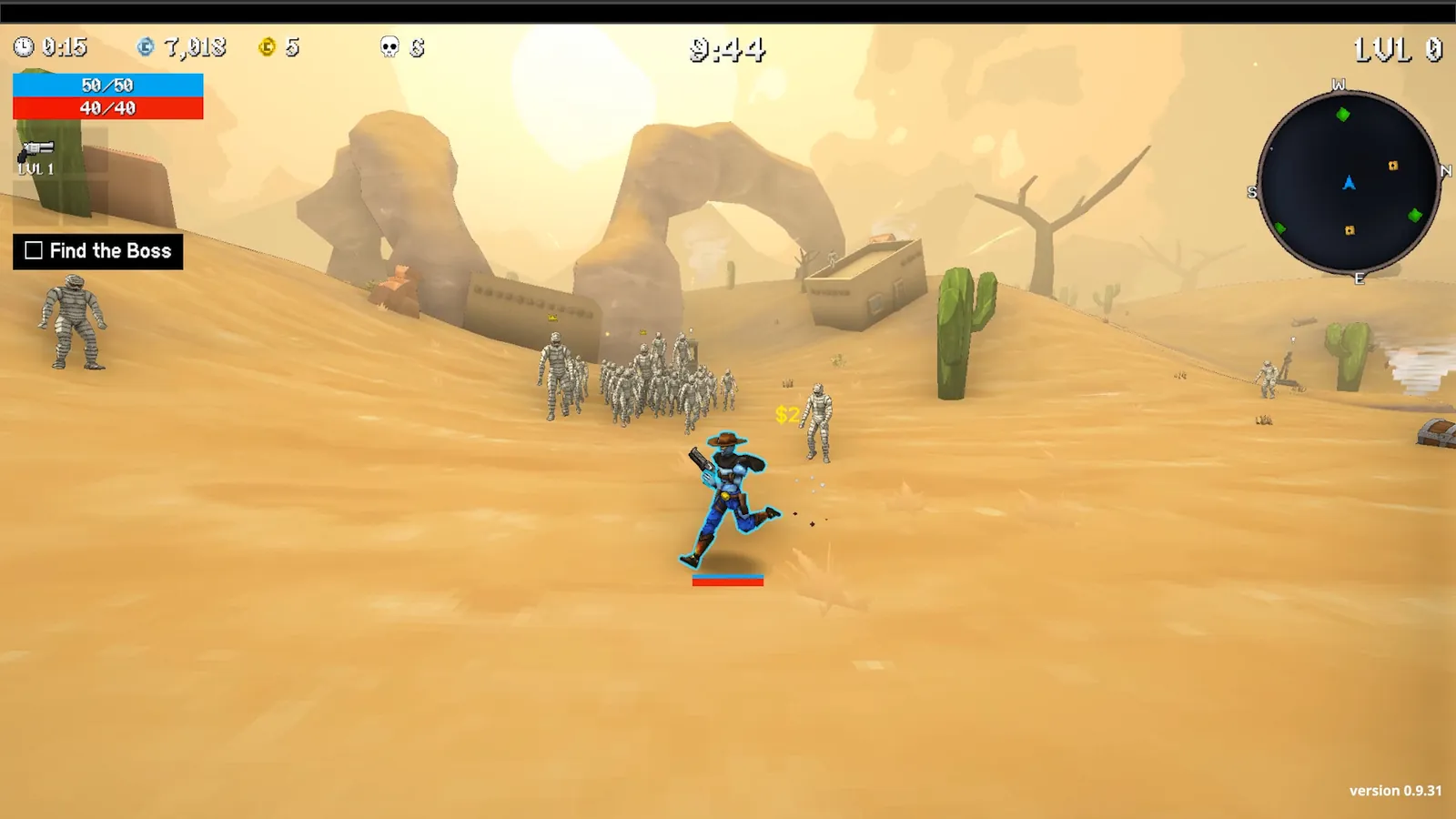 Megabonk 3D gameplay: the player running through a desert level with enemies around